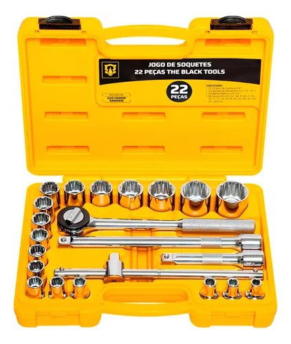 Kit de soquetes The Black Tools com 22 peças, incluindo soquetes de 8mm a 32mm e catraca reversível de 1/2 polegada, armazenados em organizador amarelo