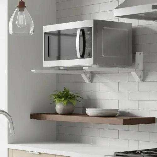 Suporte ajustável branco em aço carbono para micro-ondas e forno elétrico, com capacidade de 30kg, instalado na parede