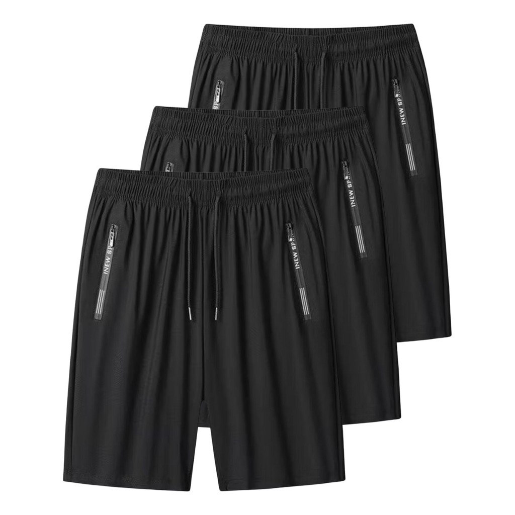 Kit com três shorts masculinos em tecido Tactel na cor preta, dispostos lado a lado sobre fundo branco