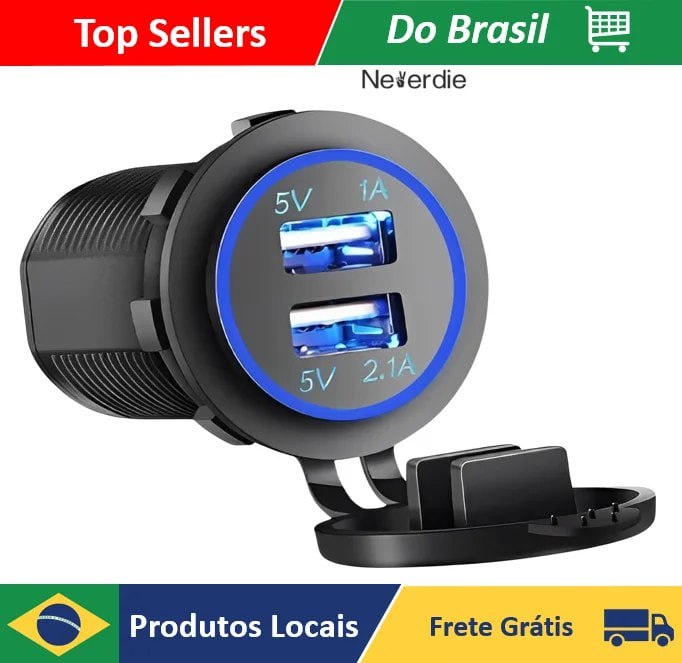 Tomada USB veicular com duas saídas de carregamento, uma de 5V 1.0A e outra de 5V 2.1A, conectada a um carro