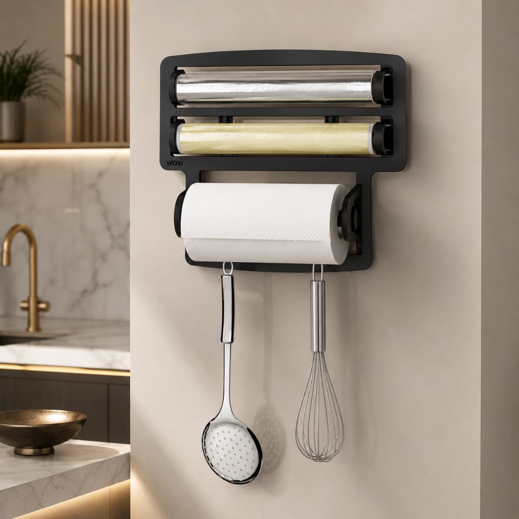 Suporte porta papel toalha triplo em metal preto fosco, com três ganchos para rolos de papel toalha ou itens pequenos, instalado em parede clara.