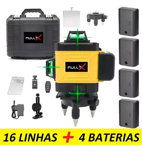 Nível Laser 4D MULLTX com 16 linhas verdes, design compacto, maleta de transporte e 4 baterias recarregáveis