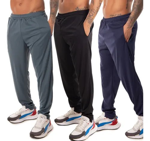 Kit com três calças esportivas masculinas de elastano em cores neutras, dispostas lado a lado para mostrar o design e o caimento