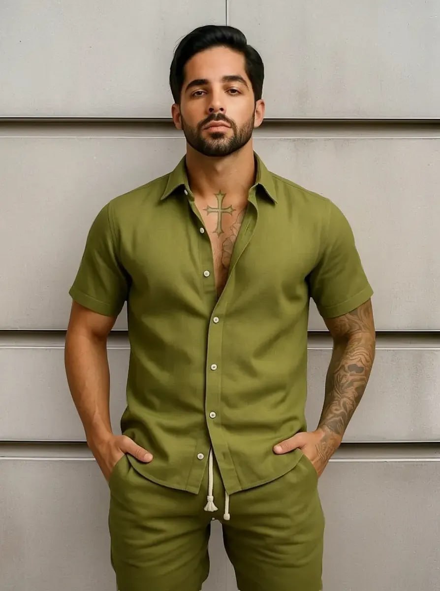 Conjunto Casual Linho Masculino Camisa e Bermuda