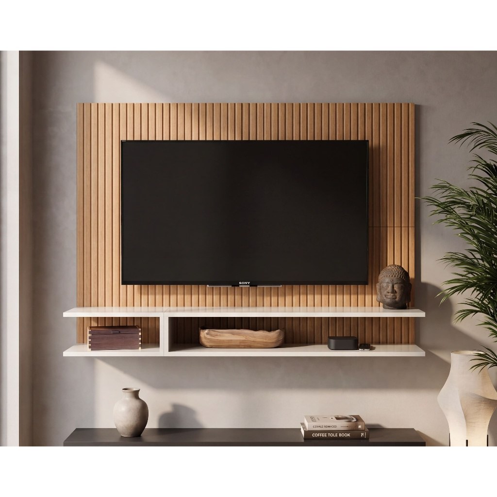 Painel TV 50 polegadas Milão com prateleira e nicho integrados, estrutura em madeira e acabamento elegante