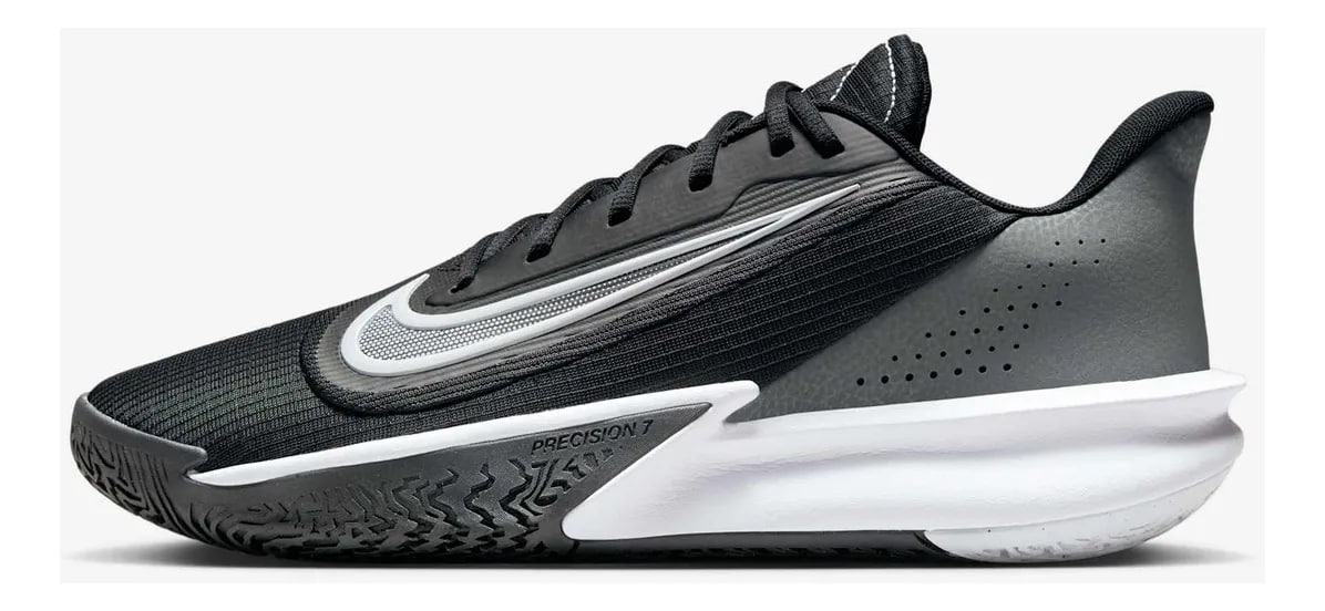 Tênis Nike Precision 7 Unissex na cor cinza com detalhes pretos, modelo esportivo unissex