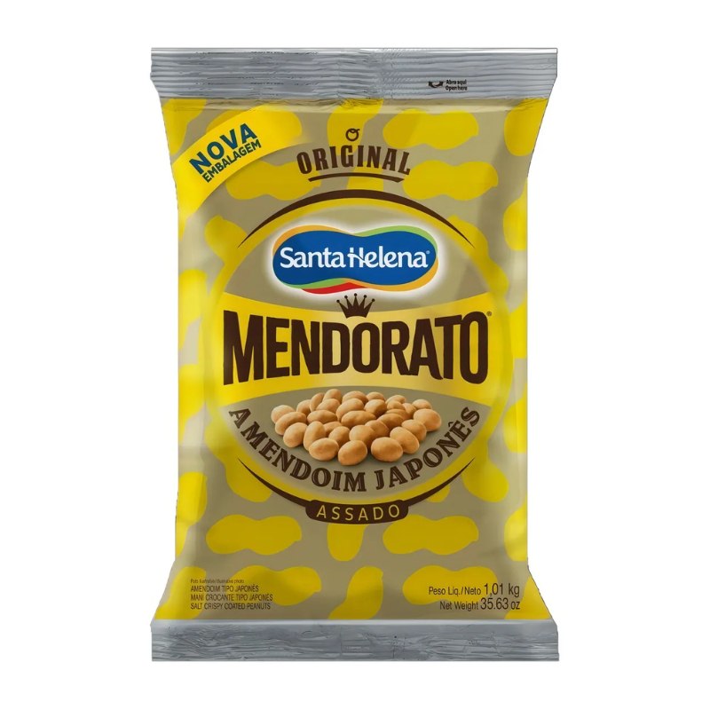 Pacote de Amendoim Japonês Mendorato Assado da marca Santa Helena, com 1 kg de produto, em embalagem amarela e vermelha, destacando o amendoim crocante e torrado.