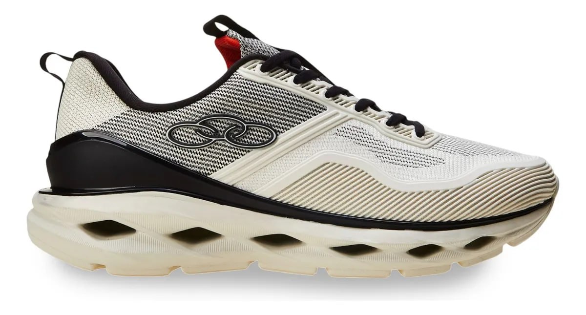 Tênis Olympikus Gama masculino na cor preta com detalhes em cinza e vermelho, solado branco antiderrapante e cadarço preto