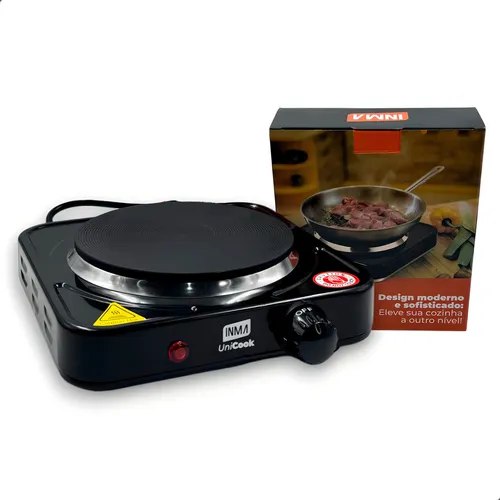 Fogão elétrico INMA de mesa com 1 boca, controle de temperatura ajustável e design moderno em preto