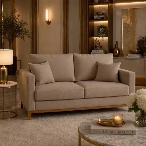 Sofá Luxo Beny 2 Lugares com 1,40m de largura em tecido linho bege, pés de madeira e 2 almofadas inclusas, ideal para sala, escritório ou recepção