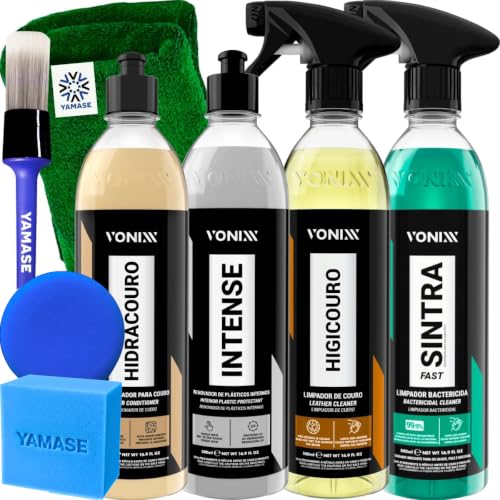 Kit de limpeza interna automotiva Vonixx com 4 frascos de 500ml cada: Hidracouro (hidratante), Intense (limpador), Higicouro (bactericida) e Sintra Fast (revitalizador de plásticos)