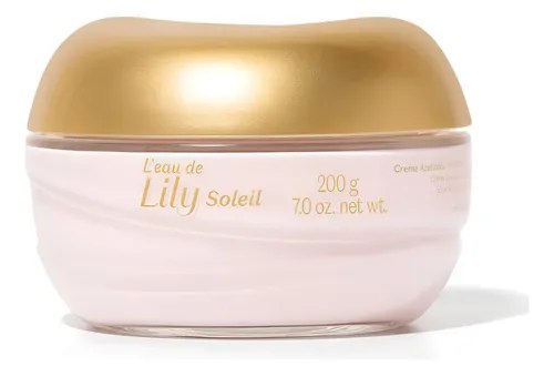 Frasco de creme hidratante acetinado Leau de Lily Soleil Floral 200g da marca O Boticário, com tampa bege e rótulo branco e dourado