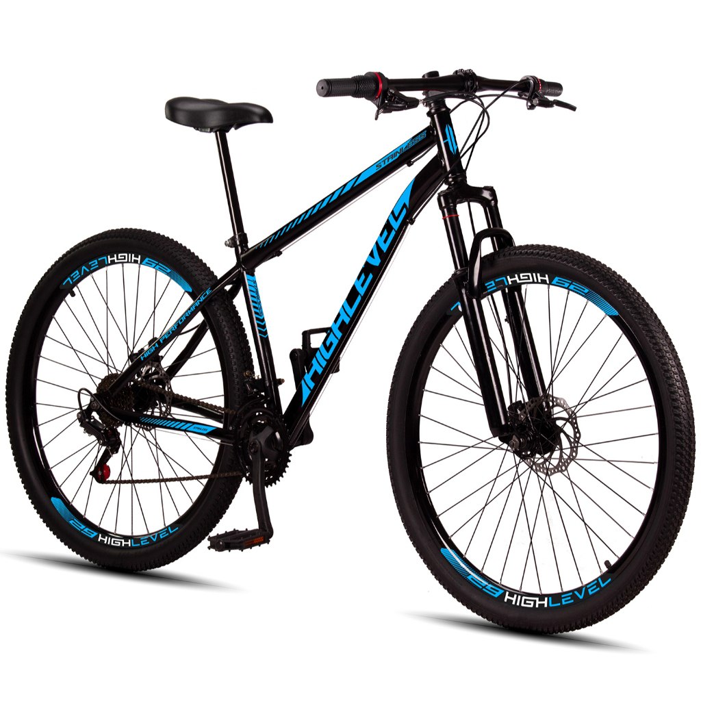 Bicicleta Aro 29 Highlevel em aço carbono com freios a disco, suspensão dianteira e 21 marchas, na cor preta com detalhes azuis