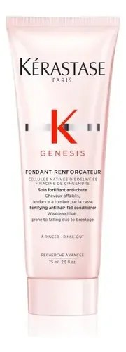 Frasco de condicionador Kérastase Genesis Fondant Renforçateur Antiqueda na cor rosa, com tampa branca e rótulo em tons de rosa e preto, sobre fundo branco