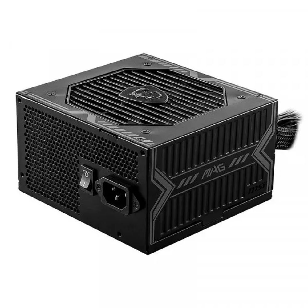 Fonte ATX MSI 650W MAG Bronze 80 Plus com design preto e detalhes em cinza, vista de perfil com dissipador de calor e etiqueta de certificação 80 Plus Bronze
