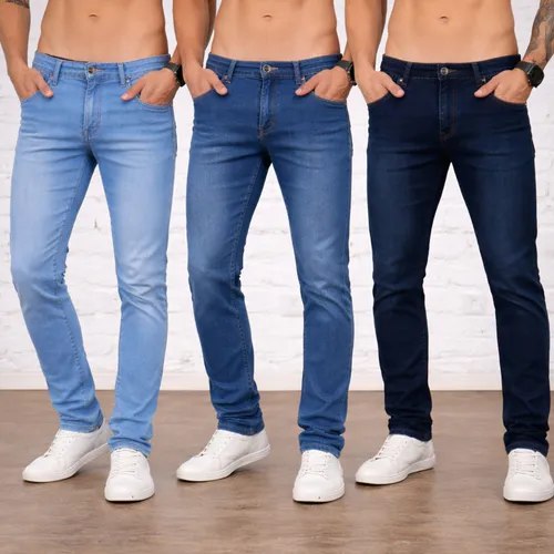 Kit com três calças jeans masculinas slim na cor azul, modelo com lycra elastano para melhor caimento e conforto.