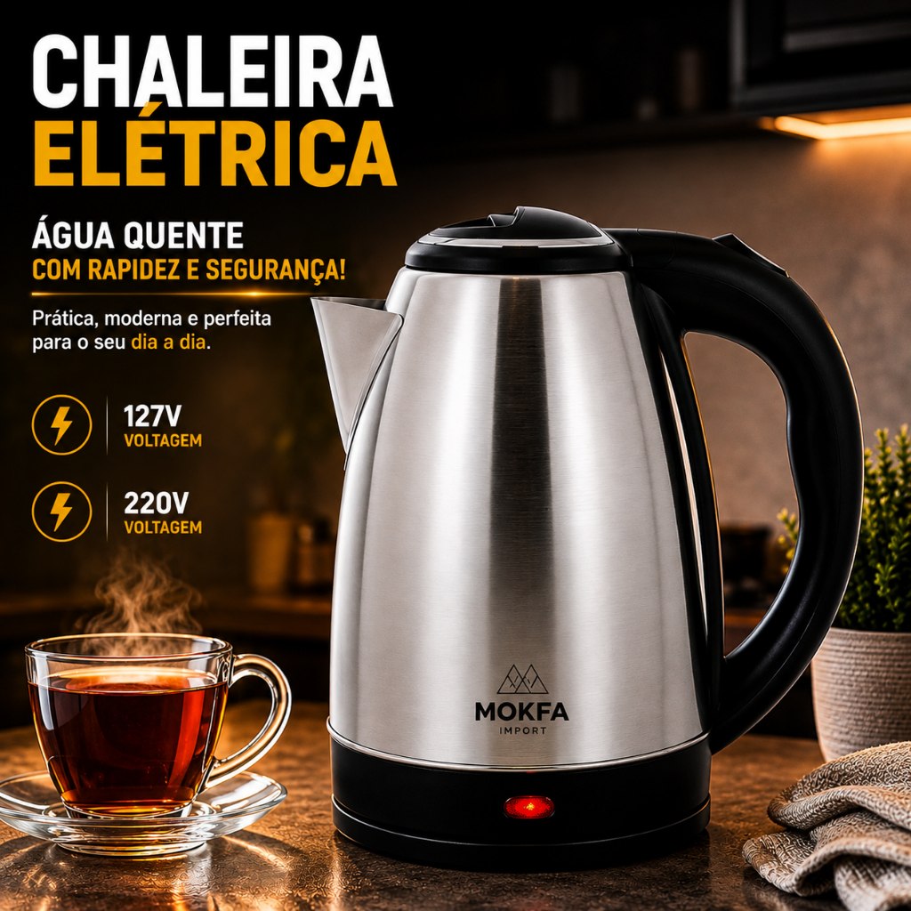 Chaleira elétrica inox 2L preta da marca MOKFA com base removível e indicador luminoso
