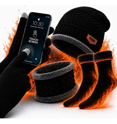 Kit completo de frio com touca, gorro, luvas pretas, cachecol e meia térmica sobre superfície laranja