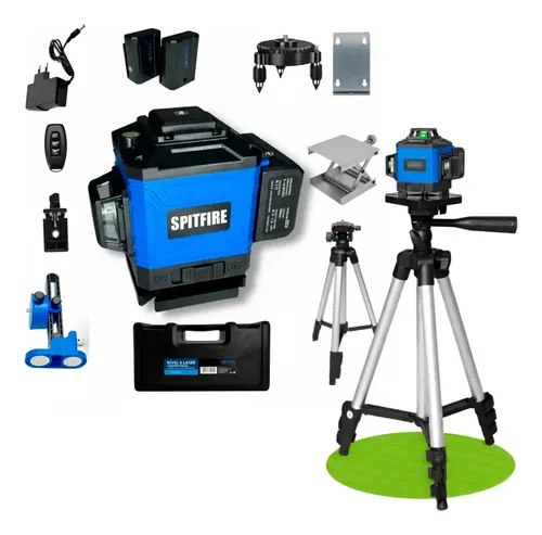 Kit profissional de nível laser verde com 12 linhas, suporte ajustável e tripé recarregável da marca SpitFire