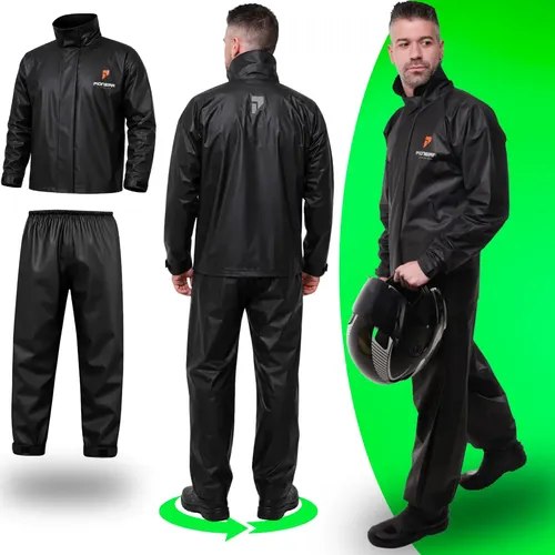 Capa de chuva moto Pioneira impermeável em PVC, cor preta com detalhes laranja refletivo, modelo masculino