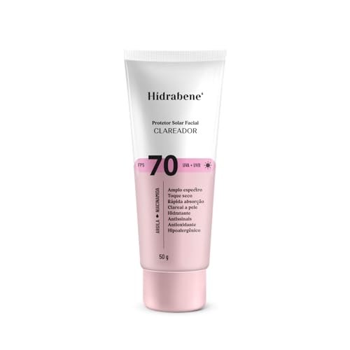 Tubo de Hidrabene Protetor Solar Facial Clareador FPS70 com 50g, apresentando design branco e rótulo rosa com informações em português