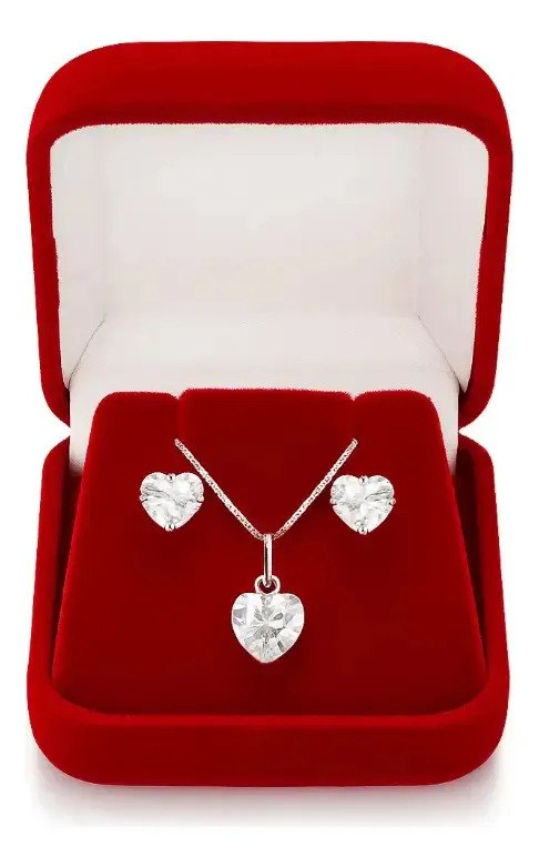 Conjunto de colar e brincos femininos de prata com zircônia em formato de coração