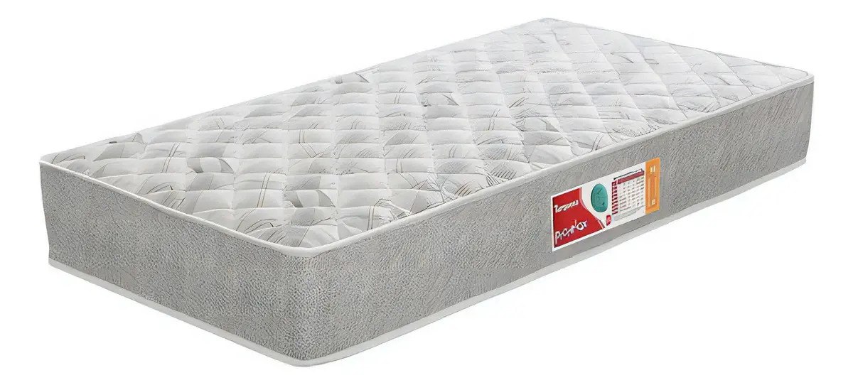 Colchão solteiro 78cm na cor turquesa com detalhes cinza da marca Prorelax, sobre estrutura de cama