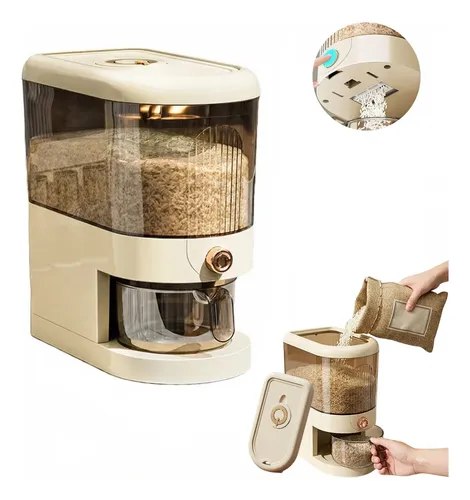 Dispenser de arroz transparente com capacidade de 5kg, vedação hermética e copo medidor incluso, sobre superfície branca