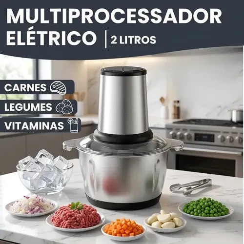 Multiprocessador elétrico de 2 litros em inox processando legumes e carnes em uma cozinha moderna
