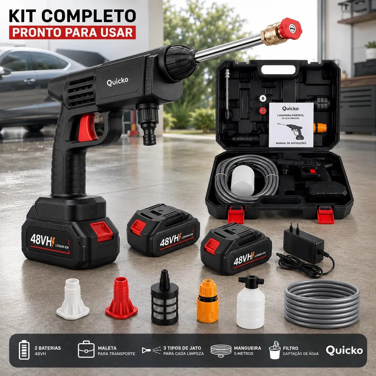 Kit completo de lavadora portátil a bateria Quicco com compressor, duas baterias de 48V, mangueira de 5 metros, dispenser de sabão, três bicos para jato e acessórios organizados em maleta de transporte