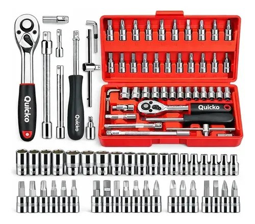 Kit de ferramentas com 46 peças incluindo soquetes, chaves e acessórios organizados em estojo vermelho