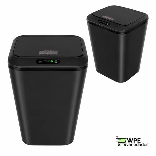 Lixeira quadrada preta de 16 litros com sensor automático para banheiro ou cozinha, com tampa suave e design moderno