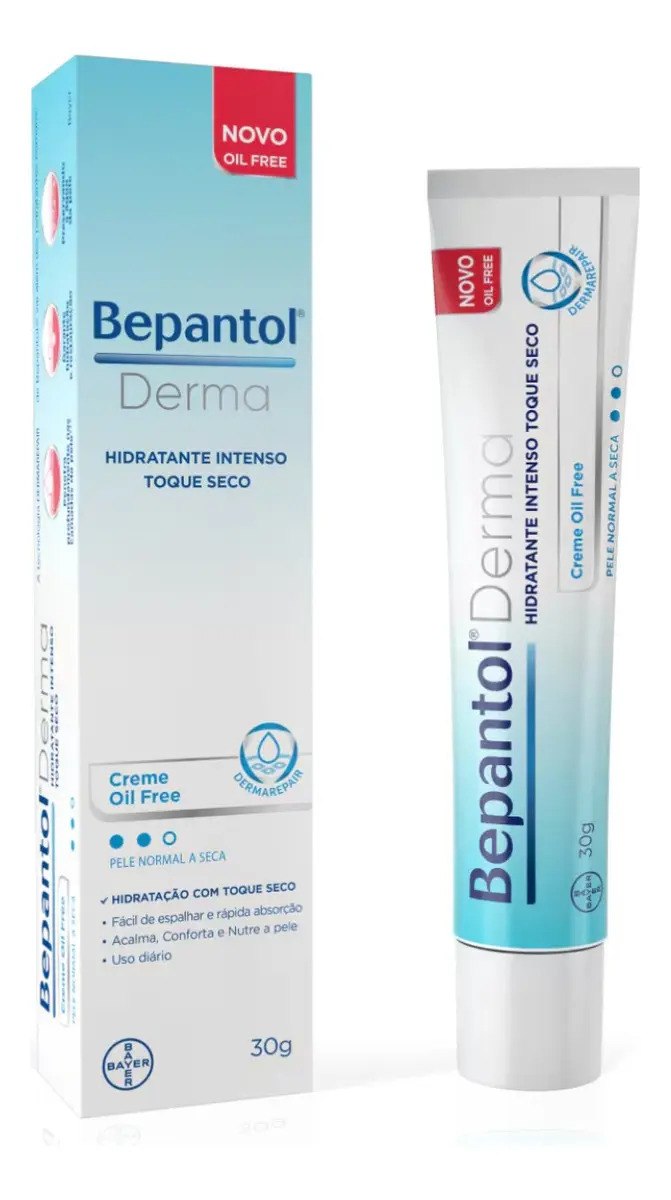 Tubo de Bepantol Derma Hidratante Intenso Toque Seco 30g com design azul e branco, destacando a textura de toque seco e a marca Bayer