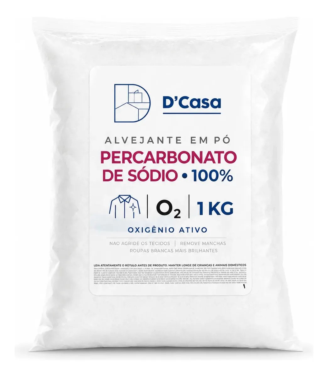 Embalagem do alvejante em pó Percarbonato de Sódio 100% Puro Granulado D'Casa de 1 kg, com destaque para a fórmula de oxigênio ativo e benefícios como remoção de manchas e clareamento de roupas brancas