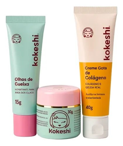 Tubos de creme para área dos olhos e rosto da marca Kokeshi, com destaque para as embalagens de 15g e 40g do Creme de Colágeno e Geleia Real, indicando hidratação e firmeza da pele.
