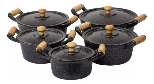 Jogo de panela de alumínio fundido preto com 5 peças dispostas em círculo