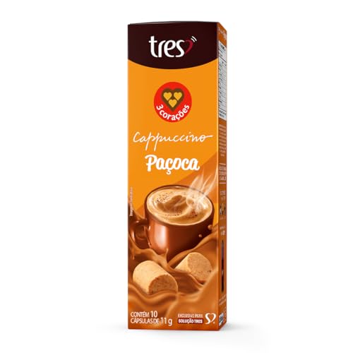 Embalagem de cápsulas de Cappuccino Paçoca TRES com 10 unidades, mostrando o design da embalagem e as cápsulas individuais