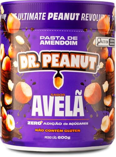 Pacote de Pasta de Amendoim com Avelã Dr. Peanut de 600g, com destaque para o sabor, whey protein, zero adição de açúcares e sem glúten
