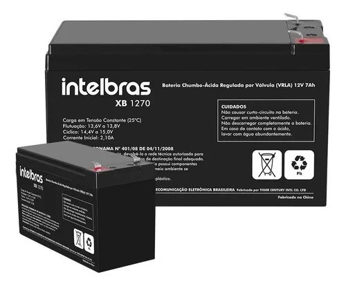 Bateria selada Intelbras 12V 7Ah modelo XB 1270, com etiqueta de identificação e detalhes técnicos visíveis, indicada para alarme e nobreak