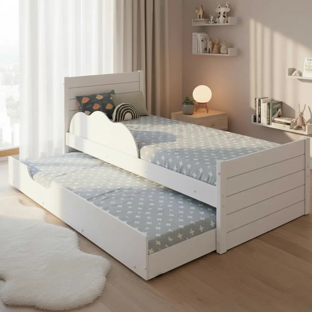 Bicama Nuvem Infantil Cama Auxiliar Bibox 100% MDF na cor branca, com estrutura moderna e design compacto para otimizar espaços