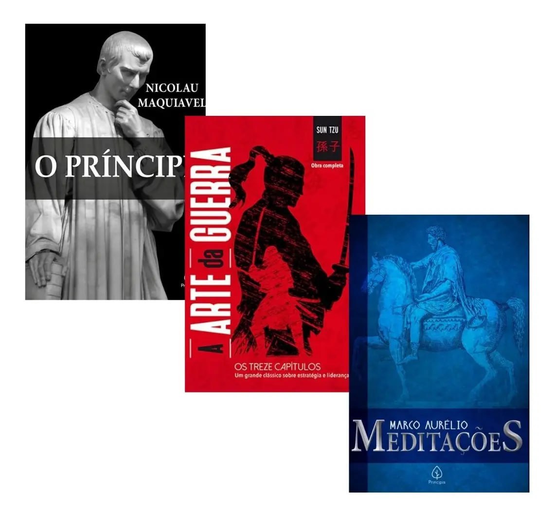 Capa de livro combo com as obras 'A Arte da Guerra', 'O Príncipe' e 'Meditações' de Sun Tzu, Nicolau Maquiavel e Marco Aurélio, respectivamente
