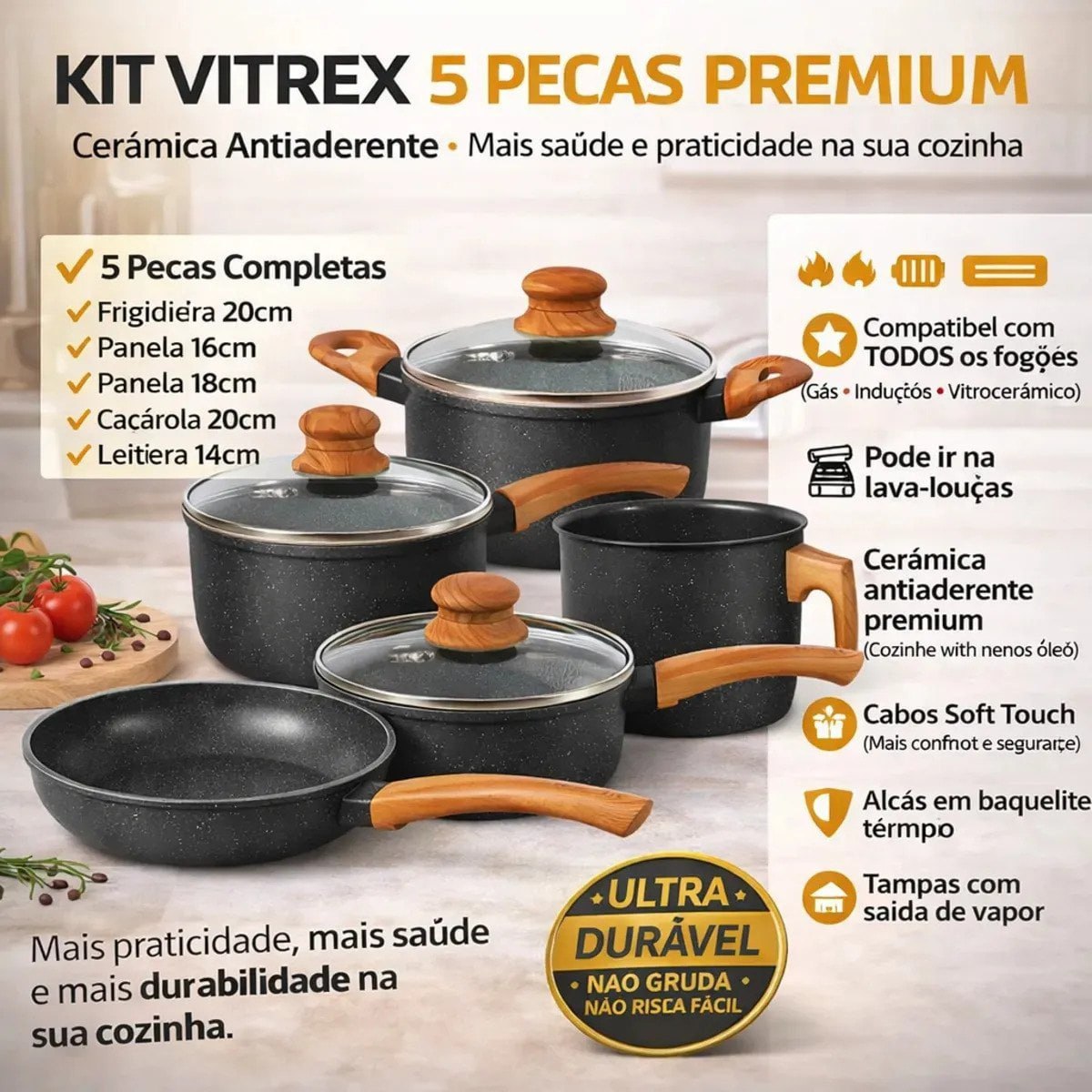 Kit Vitrex 5 peças cerâmico antiaderente com frigideira 20cm, panelas 16cm e 18cm, cacárola 20cm e leiteira 14cm na cor preto granito