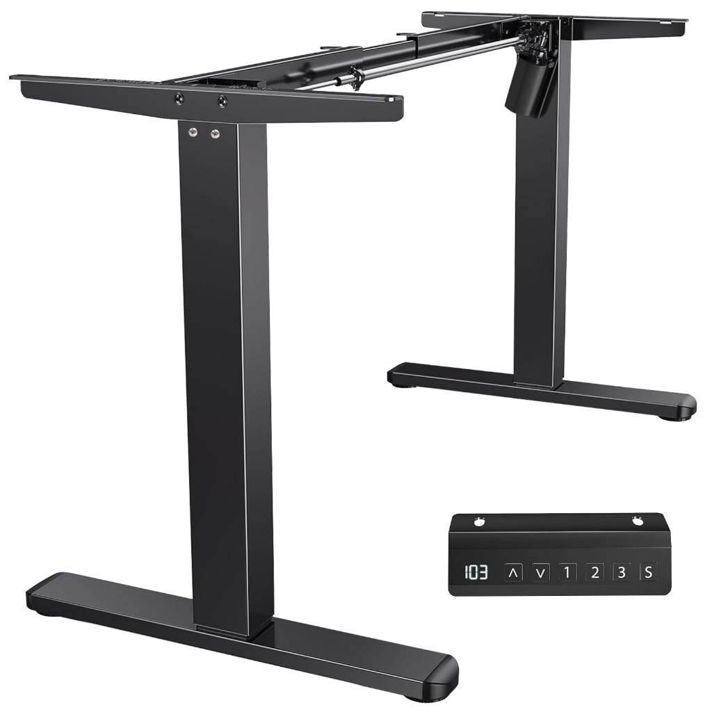 Mesa com regulagem de altura elétrica, estrutura preta e tampo retangular, com controle remoto para ajuste de altura entre 72 e 120 cm