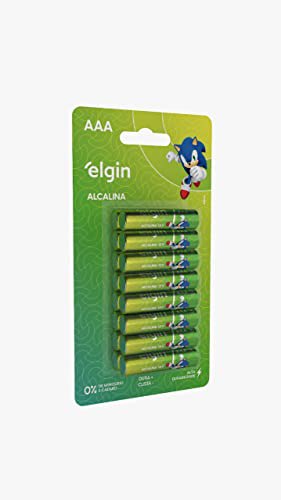 Embalagem de cartela contendo 16 pilhas alcalinas AAA da marca Elgin com estampa do personagem Sonic