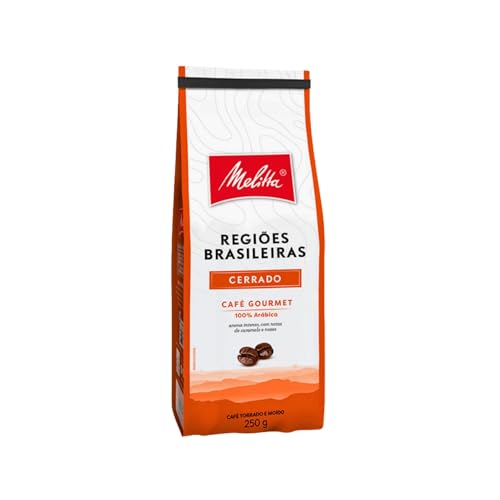 Embalagem de café Melitta Regiões Brasileiras Cerrado 250g, com design laranja e detalhes em preto, destacando a origem do café no Cerrado brasileiro.