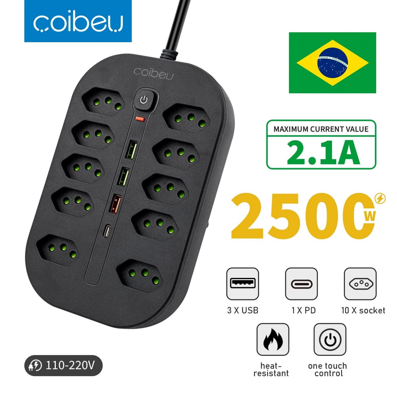 Extensão tomada Coibe 2500C com 10 tomadas padrão, 3 portas USB, filtro de linha e controle por toque, compatível com 110-220V.