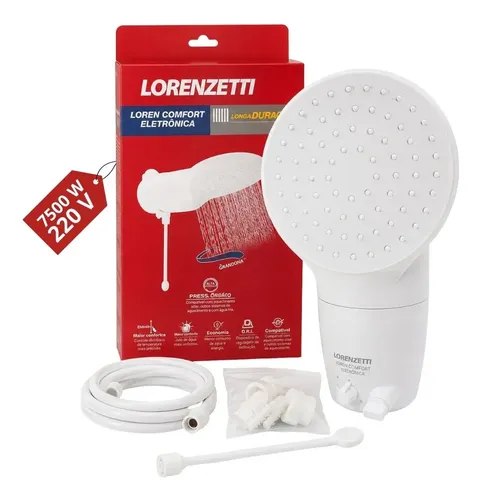 Chuveiro Lorenzetti Loren Comfort Eletrônica branco com embalagem, mangueira e acessórios de instalação