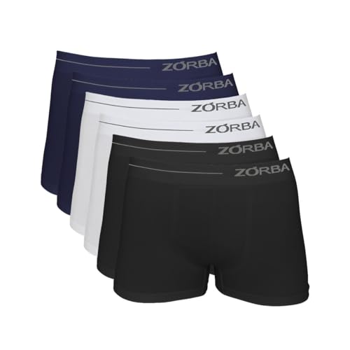 Kit com 3 cuecas boxer Zorba modelo Side sem costura, nas cores branca, preta e azul marinho, exibidas em sobreposição.
