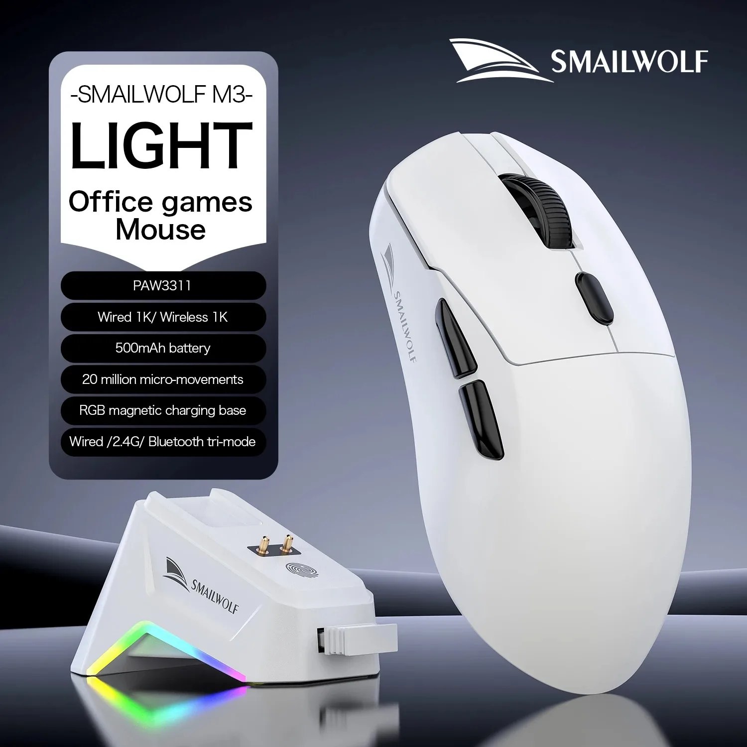 Mouse gamer Smailwolf M3 na cor branca ao lado de sua base de carregamento magnético com iluminação RGB e especificações técnicas listadas ao fundo