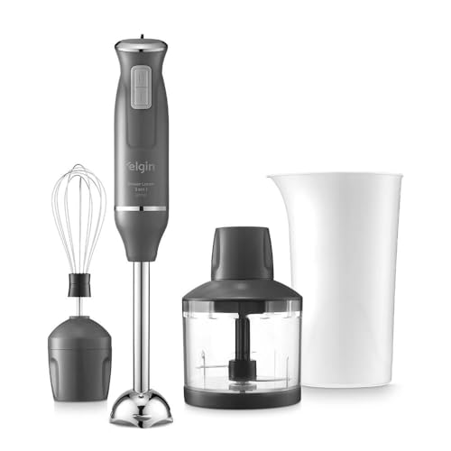 Mixer Elgin Lunar 3 em 1 na cor cinza com haste em inox, acompanhado de acessório batedor, copo triturador com lâminas e copo medidor branco.